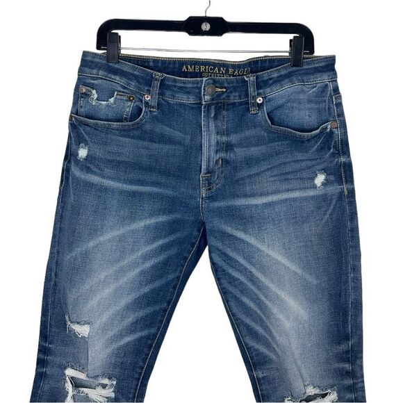 American Eagle Blue Extreme Flex 4 Distressed Skinny Jeans Size 33W 30L - Picture 3 of 13